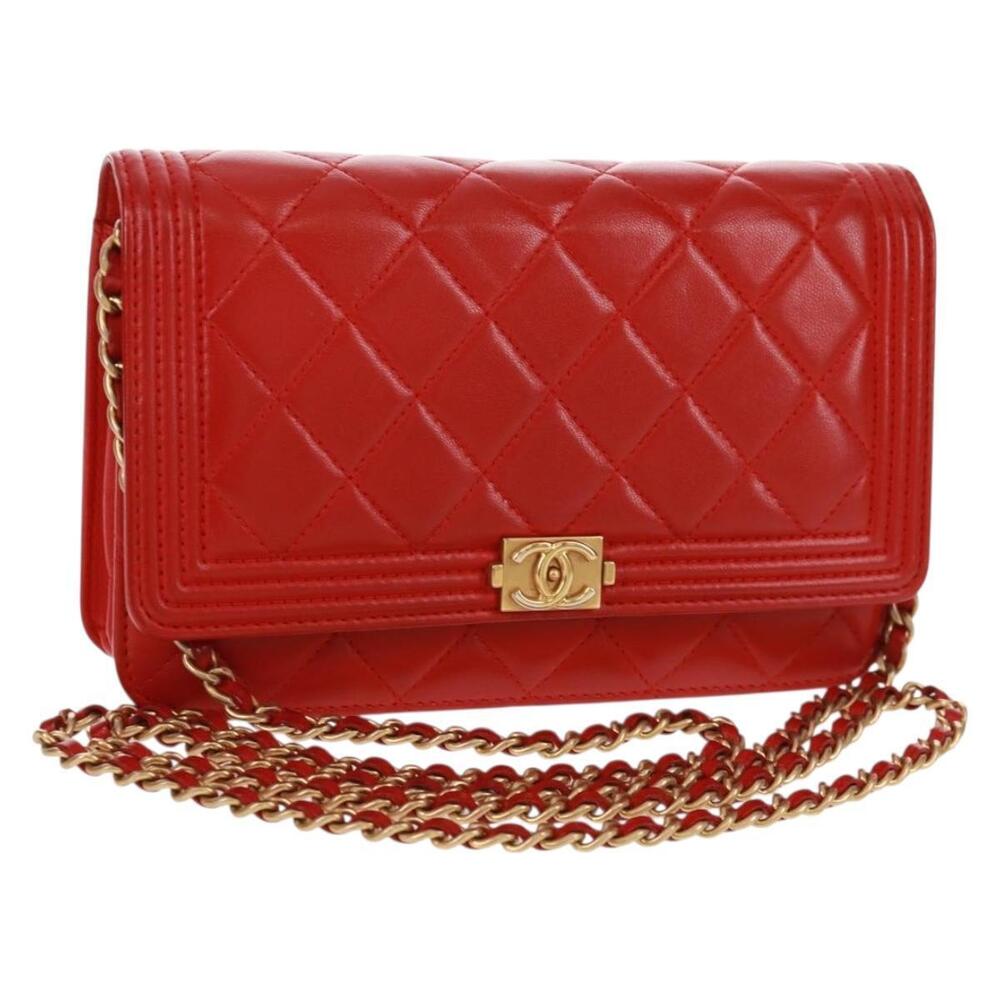 CHANEL Matelasse Chain Shoulder Wallet Bag Lamb Skin Red Gold CC Auth ka1039V